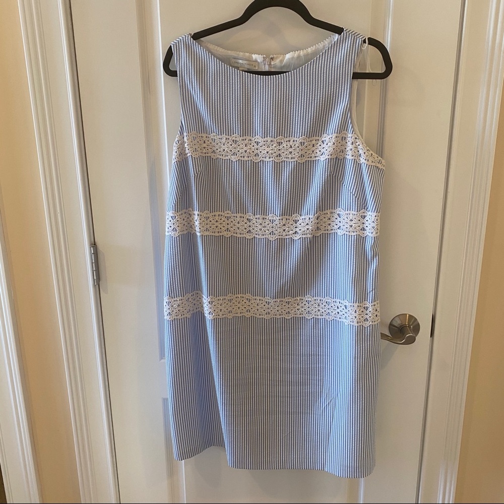 Blue Seersucker and Lace Shift Dress